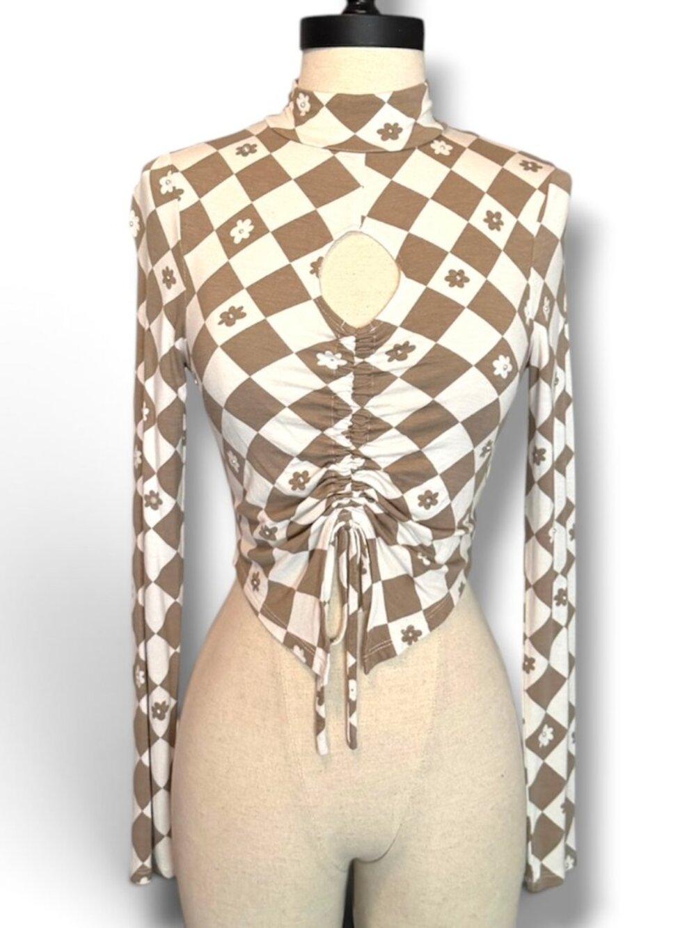 Upcycled Pacsun Brown Checkered Floral Pearl Beaded Ruched Drawstring Crop Top